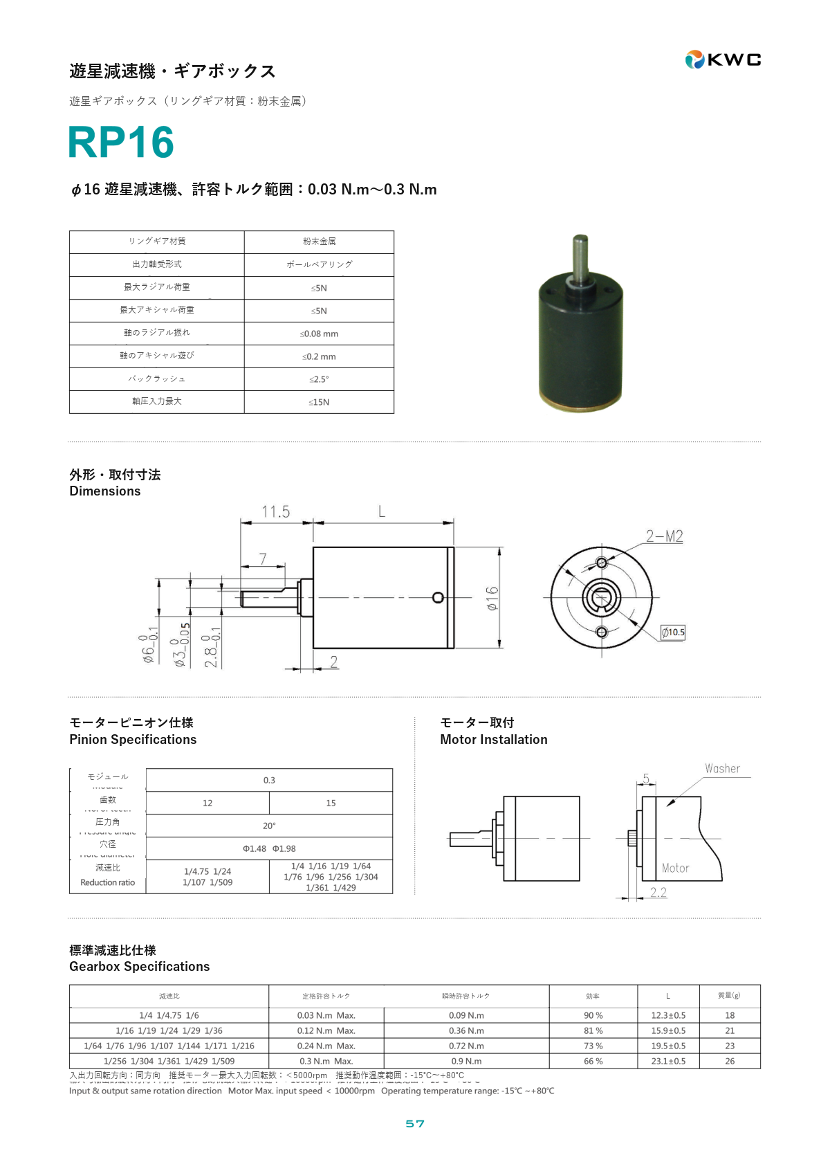 RP16 16mmクラス 遊星ギアモーター・ギアボックスの寸法図・仕様表・性能データシート