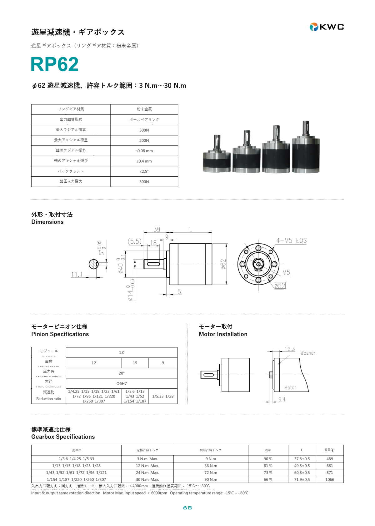 RP62 62mmクラス 遊星ギアモーター・ギアボックスの寸法図・仕様表・性能データシート