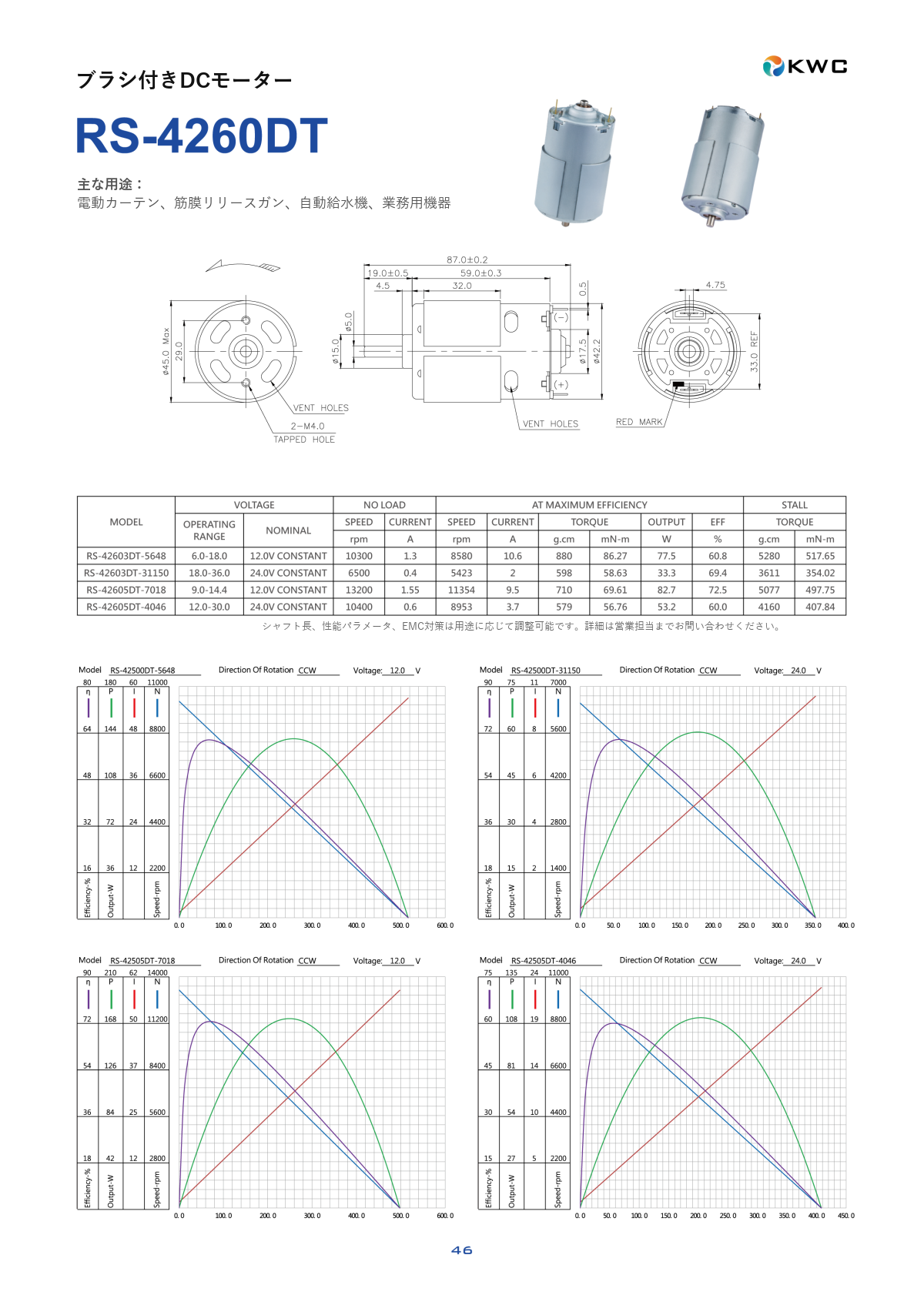 RS-4260DT 42mmクラス ブラシ付きDCモーターの寸法図・仕様表・性能データシート