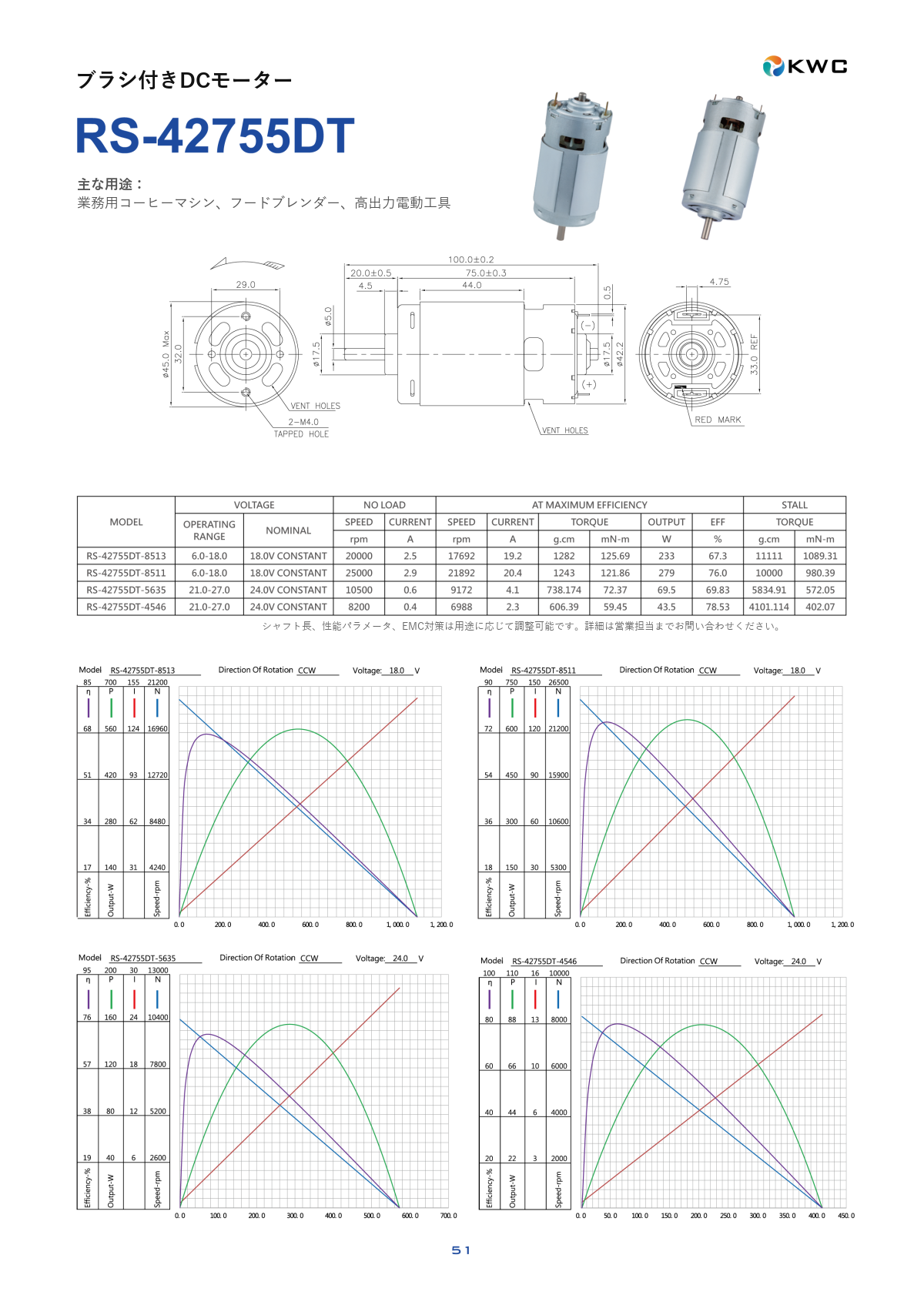 RS-42755DT 42mmクラス ブラシ付きDCモーターの寸法図・仕様表・性能データシート